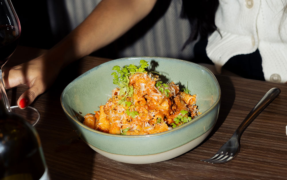 close up shot of a bowl of rigatoni